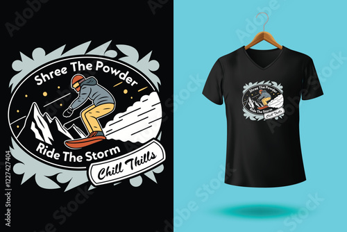 Winter sports t shirt design vector illustration, Snowboarder is having fun riding down a snowy mountainside in a cool, vintage style illustration. This design is perfect for winter sports enthusiasts