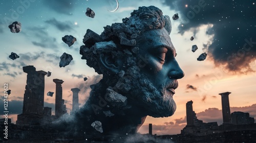A majestic ancient head emerges from the ruins, surrounded by floating rocks and a vibrant sky at dusk. A fusion of history and imagination.