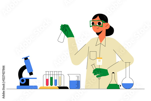 Female Chemist Conducting Experiment In Flat Vector Illustration Symbolizing Laboratory Research, Scientific Discovery, And Chemistry, Isolated On White Background