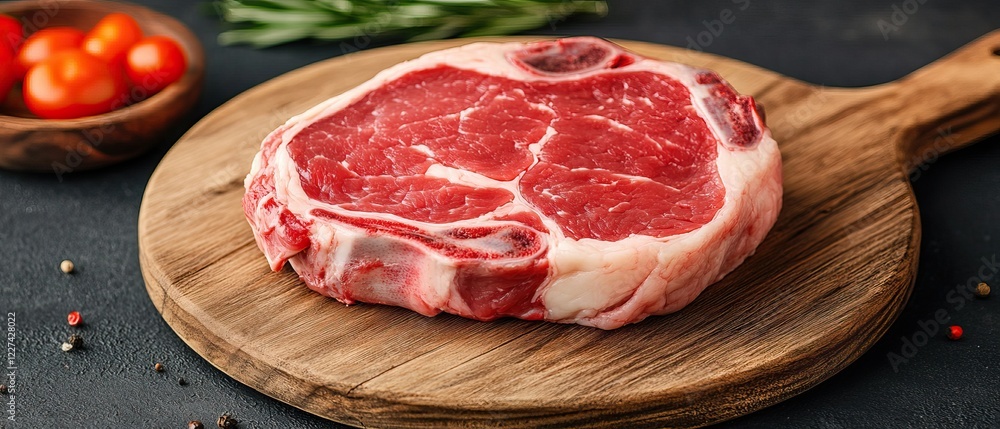 A beautifully marbled ribeye steak sits on a wooden cutting board, accompanied by fresh herbs and cherry tomatoes, ready for cooking. A beautifully marbled ribeye steak sits on a wooden cutting board, accompanied by fresh herbs and cherry tomatoes, ready for cooking.