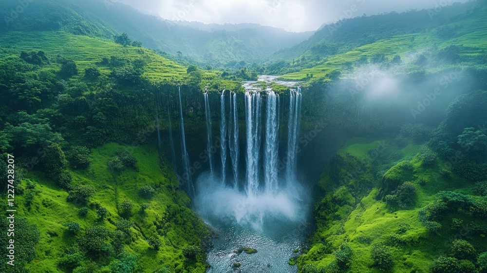 Fototapeta premium Majestic waterfall cascading down a lush green hillside landscape on misty day