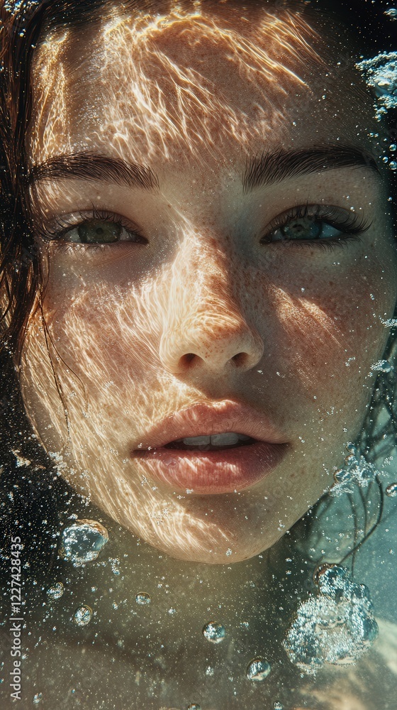 A womans face partially submerged in clear ocean water, her features serene and calm. Light reflects off the waters surface, creating gentle patterns on her face A womans face partially submerged in clear ocean water, her features serene and calm. Light reflects off the waters surface, creating gentle patterns on her face