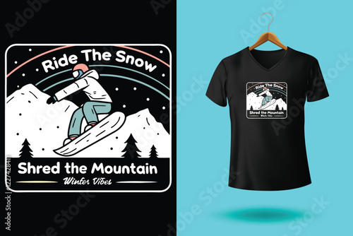 Winter sports t shirt design vector illustration, Snowboarder is having fun riding down a snowy mountainside in a cool, vintage style illustration. This design is perfect for winter sports enthusiasts