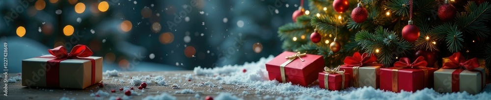 A decorated Christmas tree with presents and festive decorations, winter landscape, decorations, gift wrap A decorated Christmas tree with presents and festive decorations, winter landscape, decorations, gift wrap