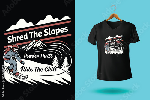 Winter sports t shirt design vector illustration, Snowboarder is having fun riding down a snowy mountainside in a cool, vintage style illustration. This design is perfect for winter sports enthusiasts