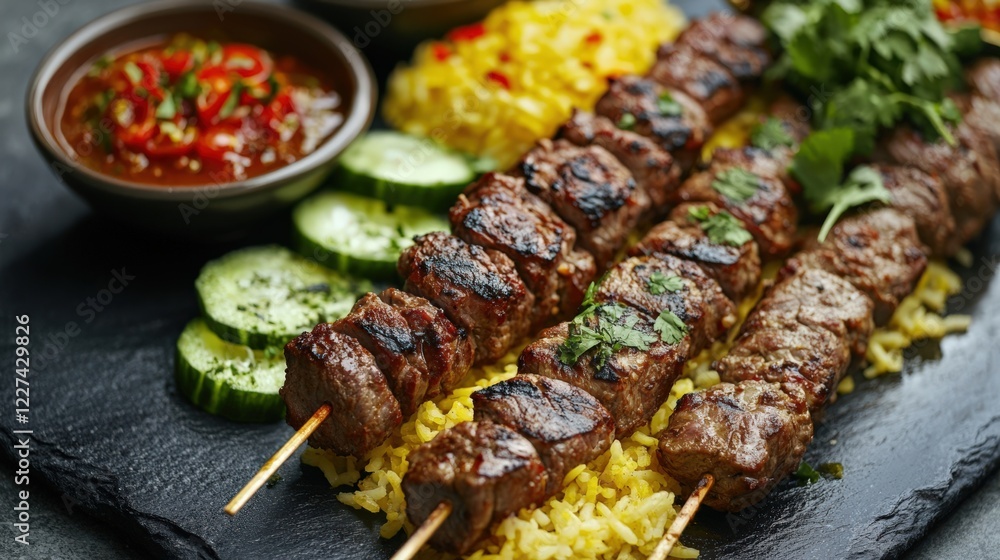 Delicious skewers of grilled meat served with rice, fresh cucumbers, and spicy sauce. Perfect for grilling lovers and food enthusiasts. Delicious skewers of grilled meat served with rice, fresh cucumbers, and spicy sauce. Perfect for grilling lovers and food enthusiasts.