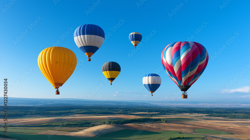 Obraz premium Multiple colorful hot air balloons gracefully floating together over serene landscape under clear blue sky