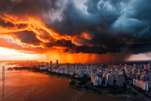 A drastic shift in weather, with a time-lapse showing sunny skies turning into a fierce thunderstorm over the same city