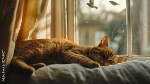 Cozy Orange Cat Napping by the Window with Soft Morning Light and Birds