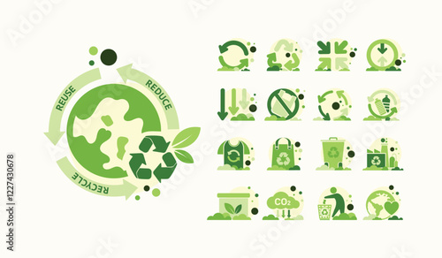 The Concept of Reduce, Reuse, Recycle in zero waste with Icons for sustainable environment management web banner. Garbage recycling to eco friendly. Green template Infographic flate vector design.