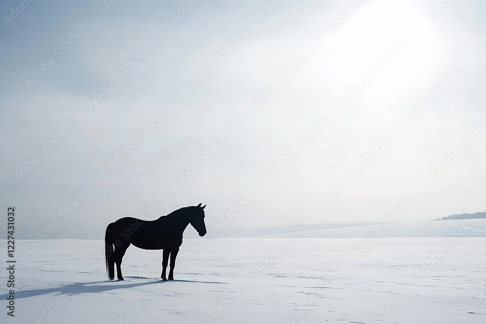 A solitary black horse stands gracefully in a vast snowy landscape under a bright sky A solitary black horse stands gracefully in a vast snowy landscape under a bright sky