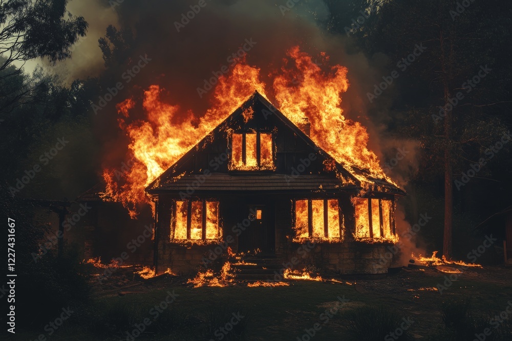 Intense flames engulfing a wooden house in a forested area during a wildfire crisis at dusk Intense flames engulfing a wooden house in a forested area during a wildfire crisis at dusk
