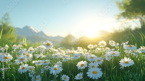 a sunlit field of wild daisies stretching across rolling green hills under a radiant blue sky