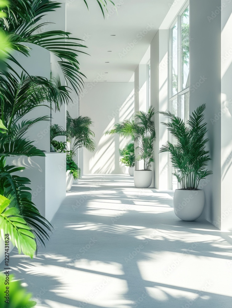 Fototapeta premium Long hallway with potted plants