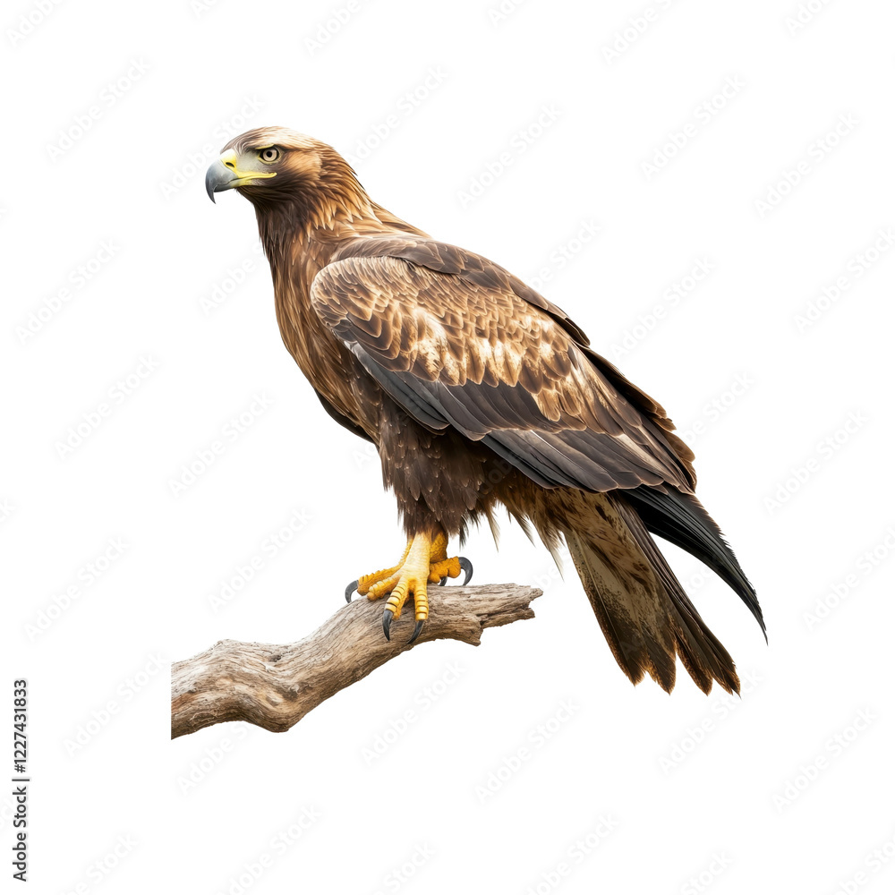 Majestic Eagle Perched on a Branch Against White Background Majestic Eagle Perched on a Branch Against White Background