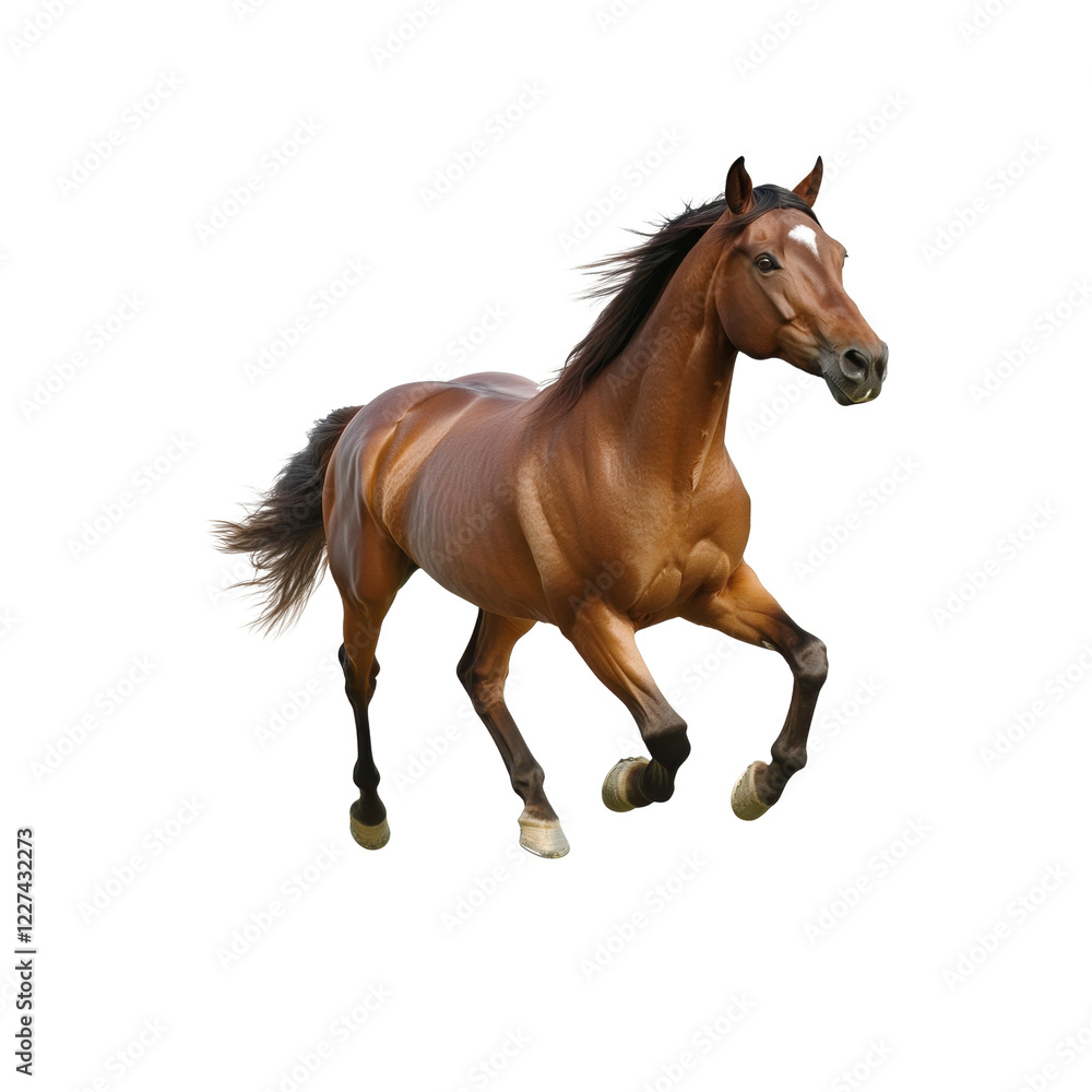 Energetic Brown Horse Running Freely in Open Green Pasture Energetic Brown Horse Running Freely in Open Green Pasture