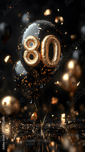 80th Birthday Celebration Concept with Balloons, Cake, and Number 80
