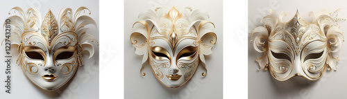 Triptych of elegant, white masquerade masks.  Intricate detailing and feathery accents. photo