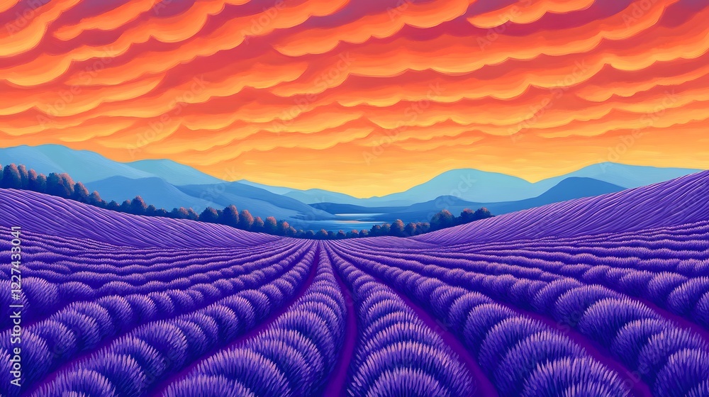 Fototapeta premium Vibrant Lavender Field Under Dramatic Orange Sky at Dusk