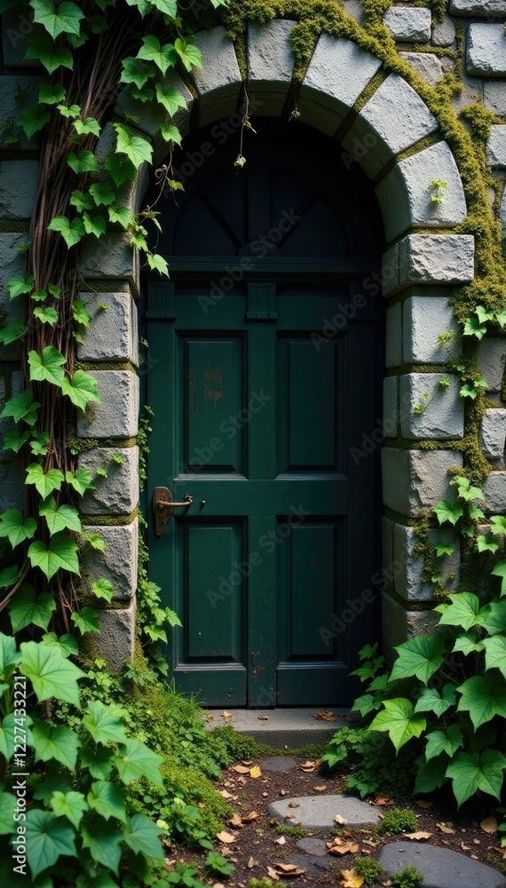 Crumbling stone fa?ade with ivy and moss covering, vines, mysterious Crumbling stone fa?ade with ivy and moss covering, vines, mysterious
