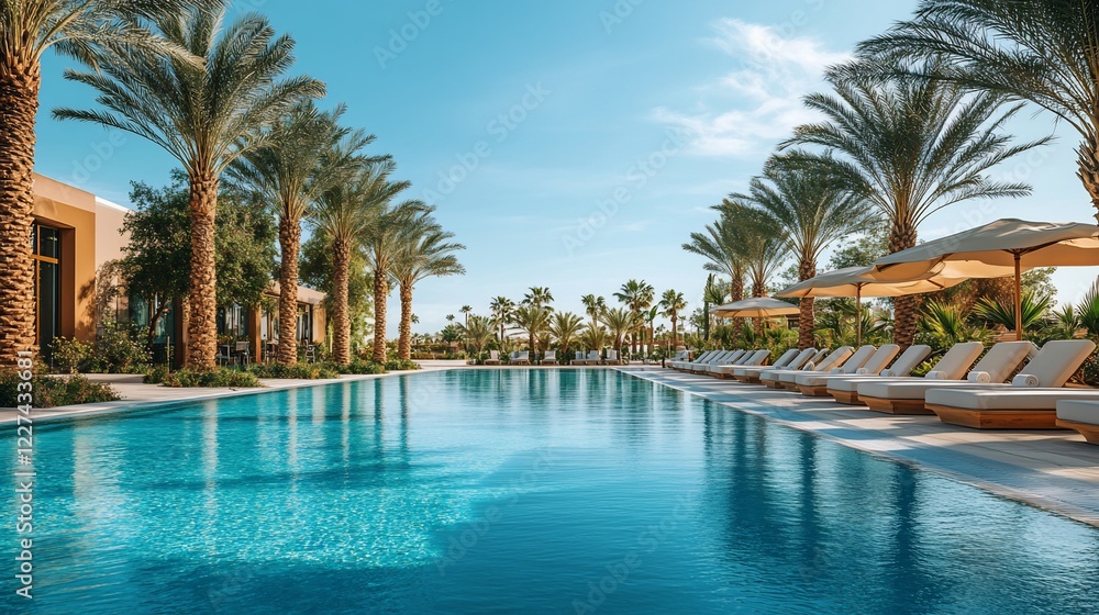 Fototapeta premium Luxury Resort Poolside Oasis: Palm Trees, Tranquility, and Relaxation