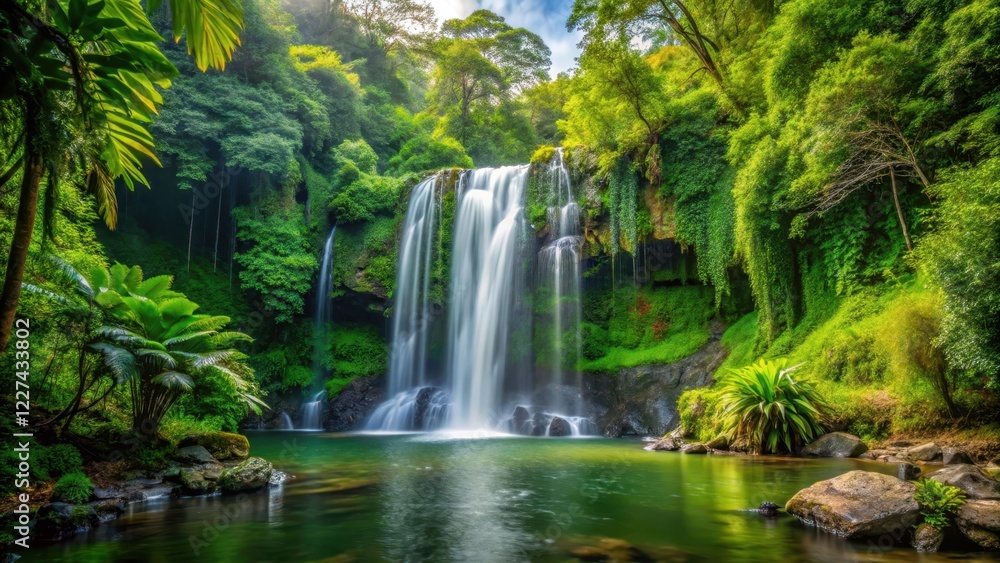 waterfall in forest surrounded by green trees and dense foliage waterfall in forest surrounded by green trees and dense foliage
