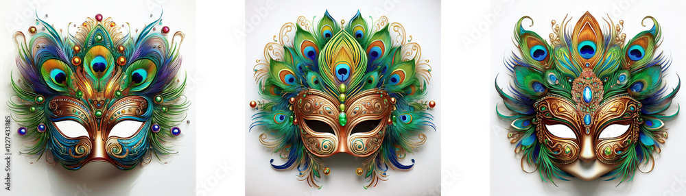 Naklejka premium Three ornate masquerade masks adorned with peacock feathers. Vibrant greens, blues, and golds create a luxurious effect.