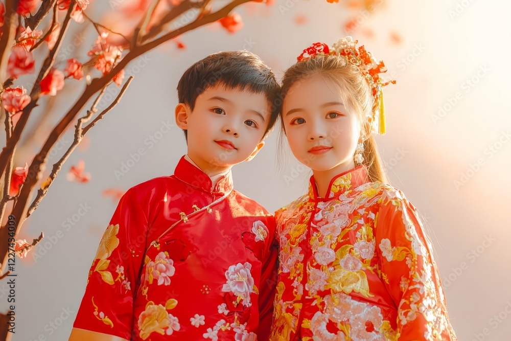 Kids wearing traditional Chinese outfits celebrating Lunar New Year.