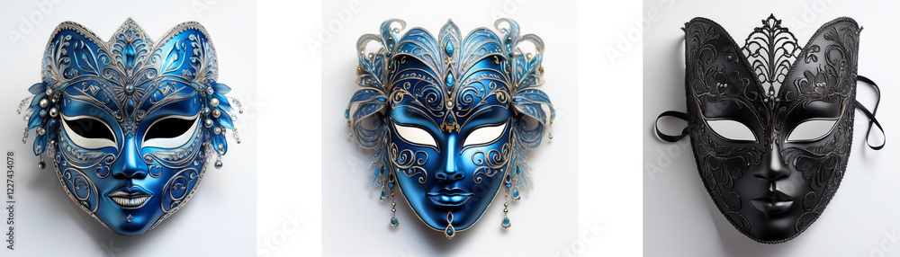 Naklejka premium Three ornate masquerade masks, one blue, one teal, and one black, showcase intricate detailing and unique designs. Each mask possesses a distinct aesthetic, adding to their artistic appeal.