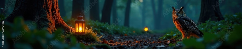 Forest floor lit by glow of lanterns at dusk with golden owl in foreground, forest, wildlife Forest floor lit by glow of lanterns at dusk with golden owl in foreground, forest, wildlife