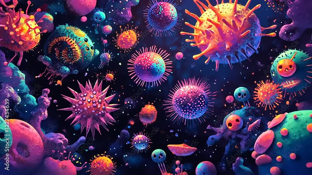 Psychedelic Viral Cosmos: A vibrant, surreal depiction of diverse microorganisms in a cosmic setting. Psychedelic Viral Cosmos: A vibrant, surreal depiction of diverse microorganisms in a cosmic setting.