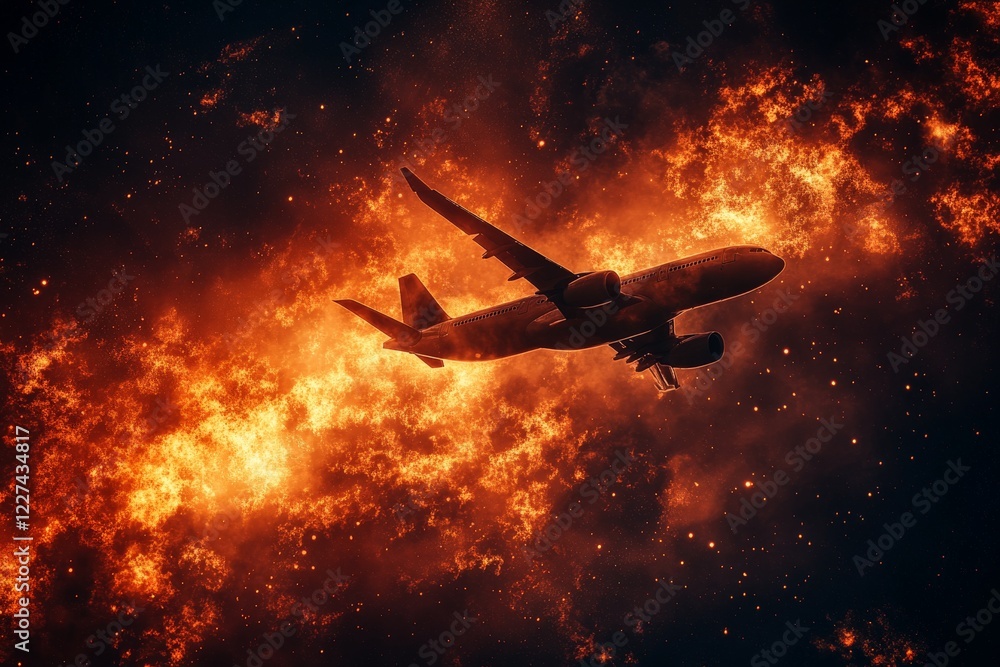 Airplane flying through a fiery cosmic background at dusk showcasing a dramatic atmosphere Airplane flying through a fiery cosmic background at dusk showcasing a dramatic atmosphere