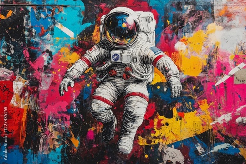 Vibrant mural featuring an astronaut surrounded by colorful abstract patterns