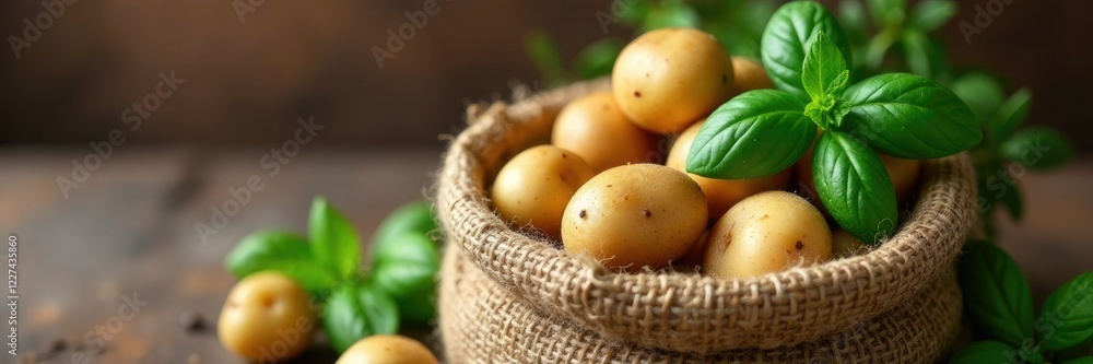 Freshly harvested potatoes and fragrant basil in a burlap sack, sacks, twine wrapped, farmhouse Freshly harvested potatoes and fragrant basil in a burlap sack, sacks, twine wrapped, farmhouse