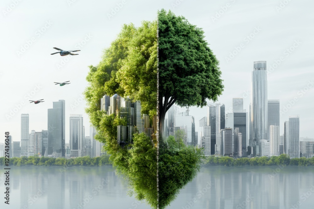 Fototapeta premium A futuristic city split in two, with one half showing a decayed, dystopian skyline and the other featuring glowing skyscrapers, flying cars, and advanced green energy solutions, symbolizing