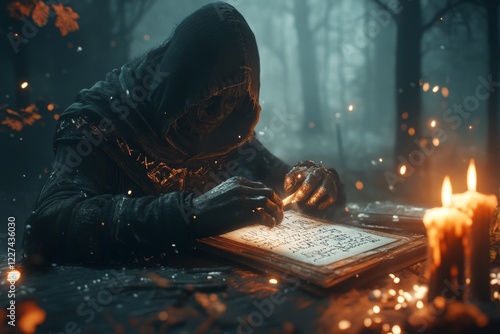 A gothic depiction of a consultant sitting at a dark wooden desk with candles casting eerie light on a ledger filled with mysterious strategies photo