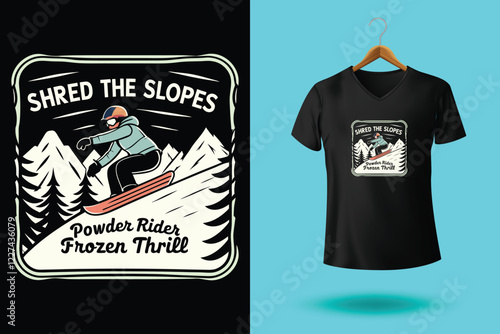 Winter sports t shirt design vector illustration, Snowboarder is having fun riding down a snowy mountainside in a cool, vintage style illustration. This design is perfect for winter sports enthusiasts