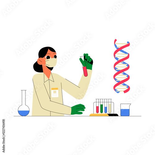 Female Scientist Conducting DNA Experiment In Flat Vector Illustration Symbolizing Biotechnology, Genetics, And Laboratory Research, Isolated On White Background