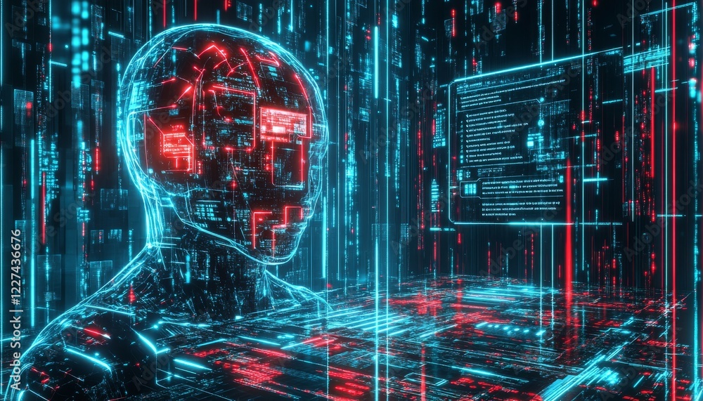 Obraz premium Tech humanoid artificial intelligence neon background
