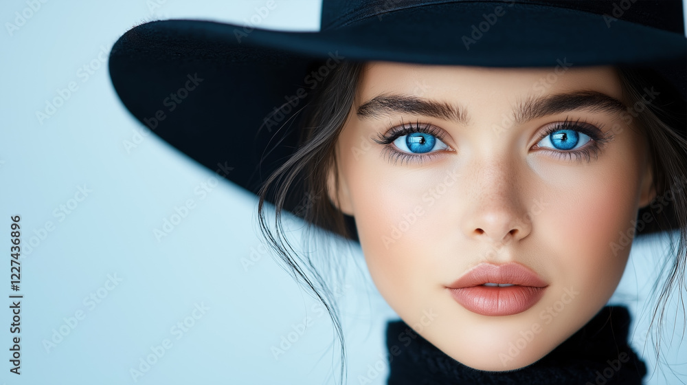 Captivating portrait of a woman with striking blue eyes, wearing a wide-brimmed black hat against a soft blue backdrop Captivating portrait of a woman with striking blue eyes, wearing a wide-brimmed black hat against a soft blue backdrop