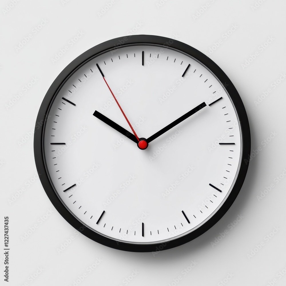 Modern wall clock showing time with minimalist design, prominently featuring black hands and a red second hand. Generative AI Modern wall clock showing time with minimalist design, prominently featuring black hands and a red second hand. Generative AI