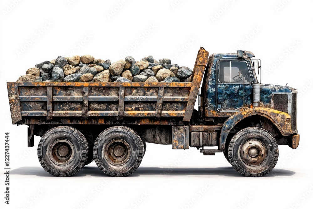 Obraz premium Dump Truck filled with stones isolated on white background. Dump Truck with stones. Heavy Machinery. Construction Vehicle loaded with stones. Dump Truck Design Element. Stone-filled Dump Truck.
