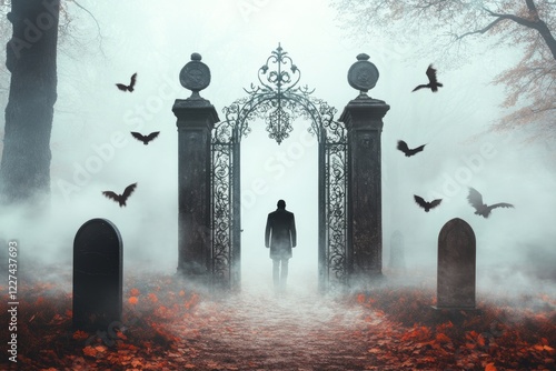 A gothic scene of a locked iron gate with intricate designs, with a shadowy figure standing on the outside in a misty graveyard, symbolizing exclusion and isolation photo