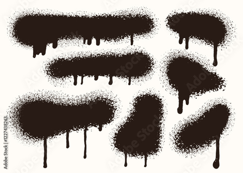Set of painted vector spray elements, graffiti art dirty, spot grunge splatter. Grunge graffiti painted borders and shapes, dirty splatter street art strokes. Spray black textured black lines vector.