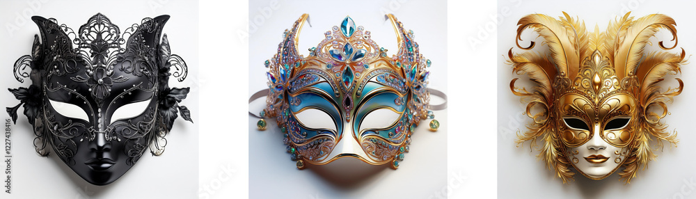 Three ornate Venetian masquerade masks; one black, one multicolored, and one gold. Each mask features unique detailing and elaborate headpieces. Three ornate Venetian masquerade masks; one black, one multicolored, and one gold. Each mask features unique detailing and elaborate headpieces.