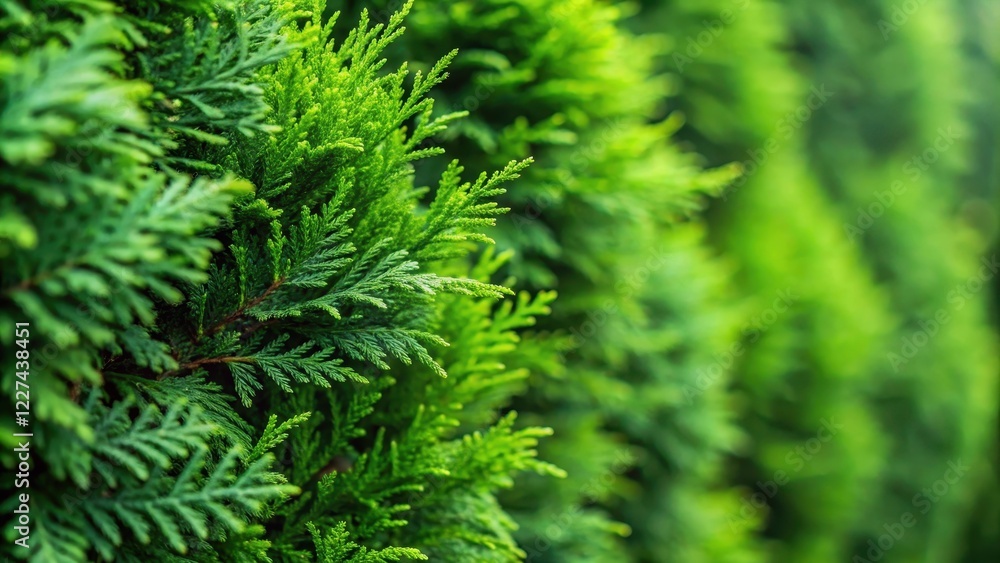 Detailed close-up shot of fresh green branches from a dense green hedge of Thuja trees with intricate foliage and delicate texture, Thuja branch, Forest Environment Detailed close-up shot of fresh green branches from a dense green hedge of Thuja trees with intricate foliage and delicate texture, Thuja branch, Forest Environment