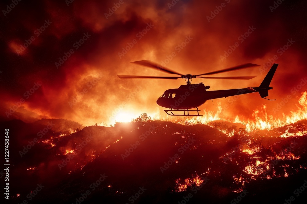 Helicopter flying over a raging wildfire at dusk near mountainous terrain Helicopter flying over a raging wildfire at dusk near mountainous terrain