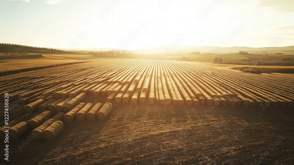 Naklejka premium a farm with a large pile of freshly pressed straw bales. The bales are arranged in neat rows under the bright sunlight,