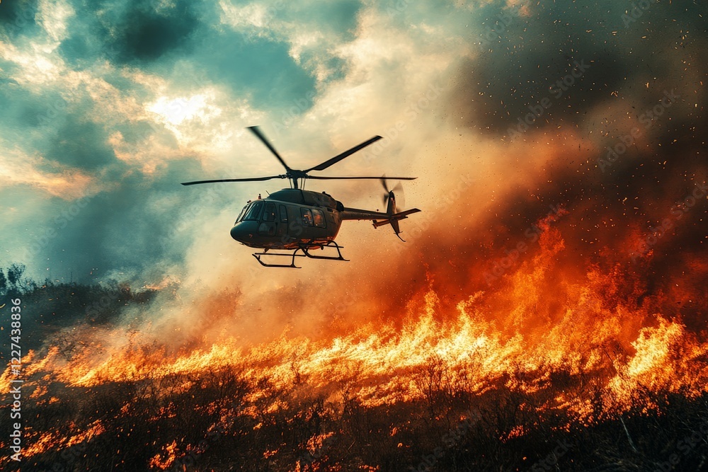 Helicopter battles raging wildfire near forested area during summer afternoon