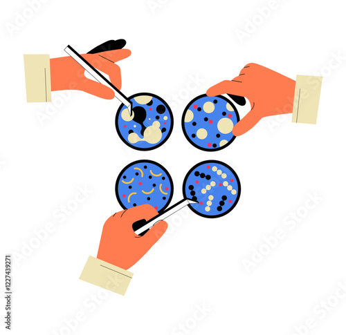 Scientists Analyzing Petri Dishes In Flat Vector Illustration Symbolizing Microbiology, Laboratory Research, And Scientific Discovery, Isolated On White Background